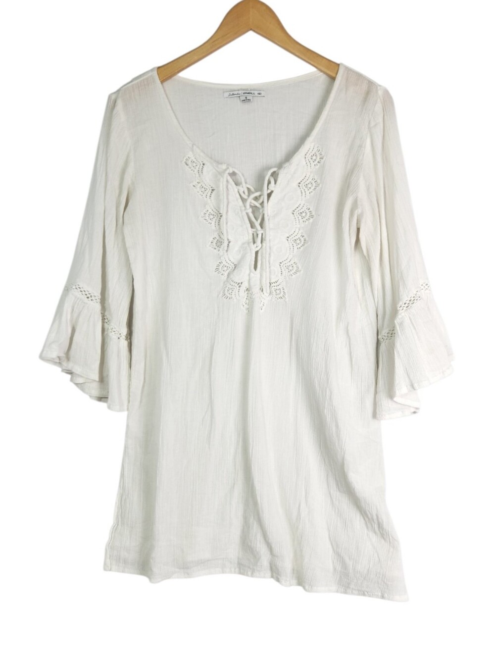 O'Neill White Boho Cotton Tunic Top Cover Up Small Lace Up Bell Sleeves Crochet